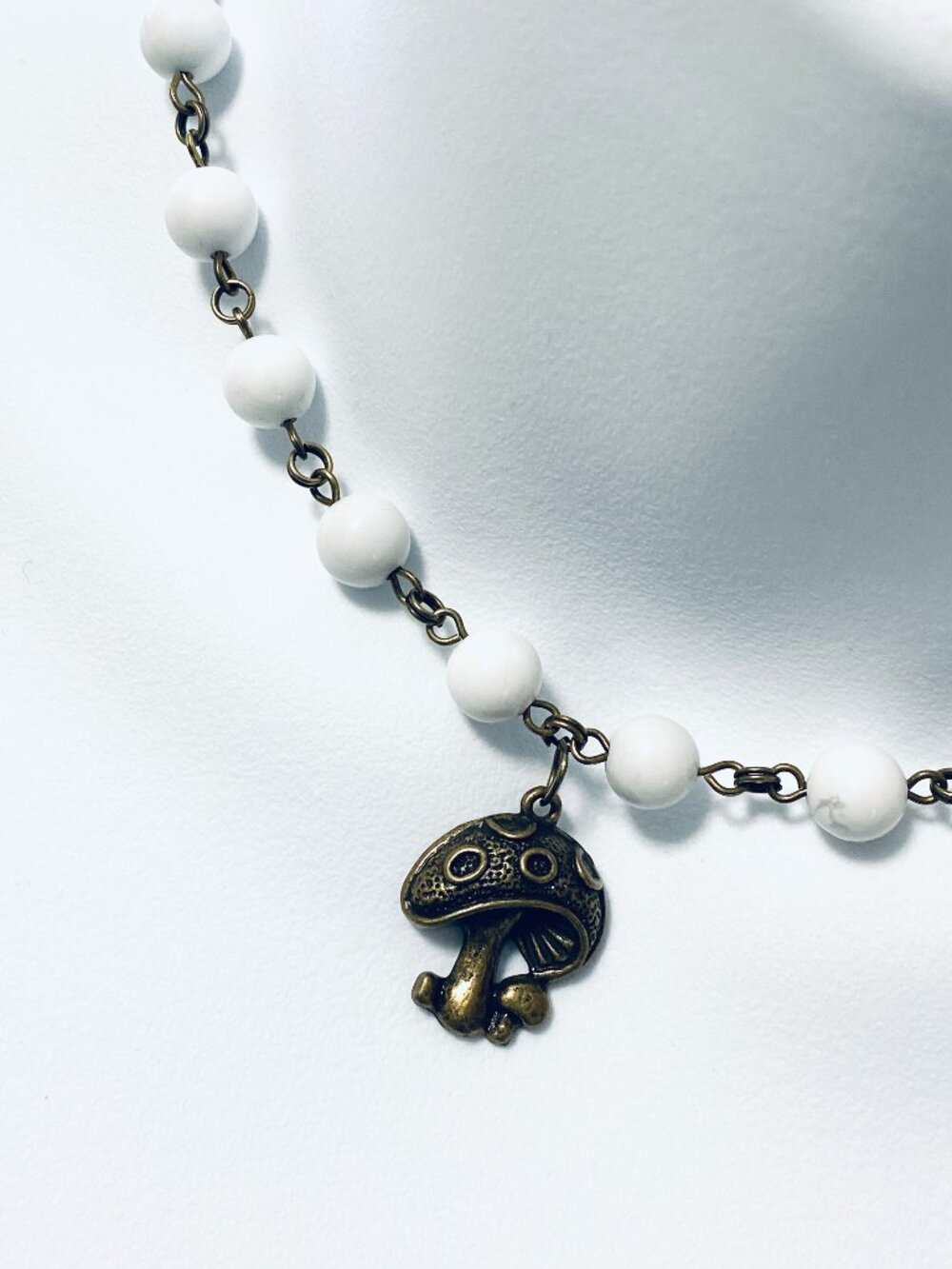 Genuine White Magnesite Short Necklace, Natural Gemstone & Bronze Round Mushroom